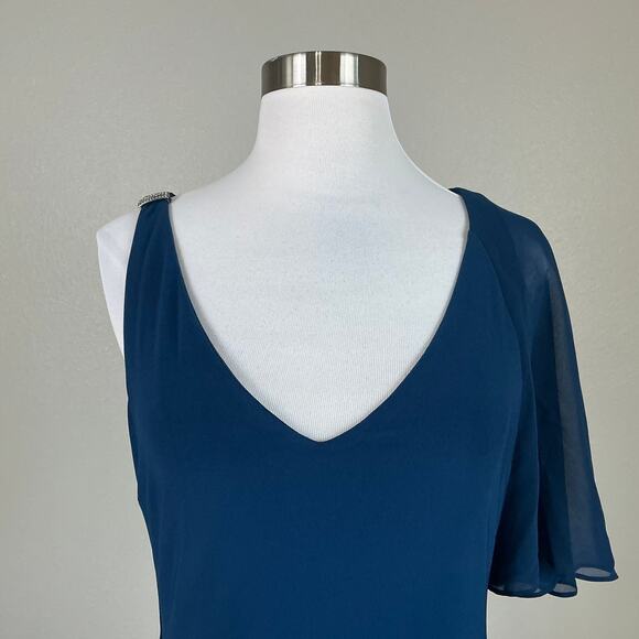 Ralph Lauren Ruffled Beaded Midi Sheath Cocktail Dress Blue Size 8 Draped V-Neck - Picture 7 of 13